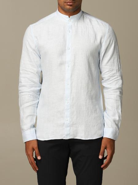 Hugo Outlet: Boss linen shirt with mandarin collar - Sky Blue | Hugo ...