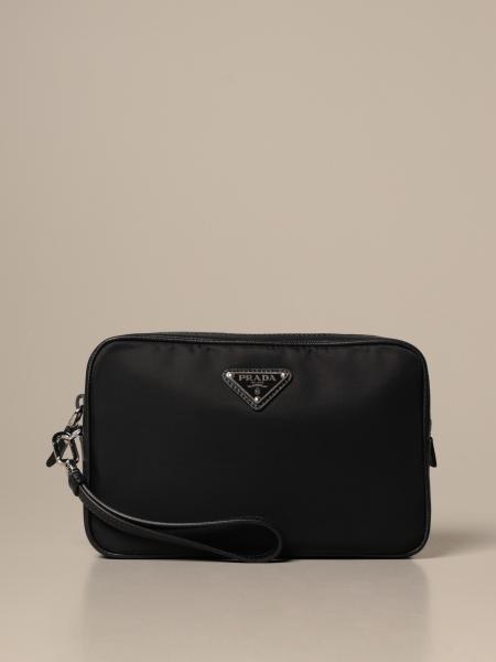 PRADA: clutch bag in nylon and saffiano leather with triangular logo -  Black