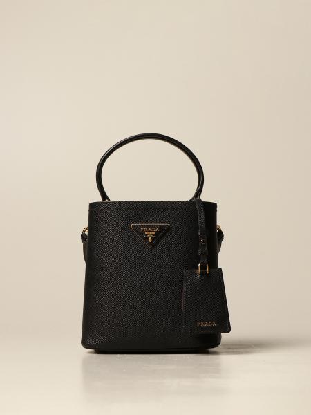PRADA: bucket bag in saffiano leather - Black  Prada handbag 1BA217 2ERX  online at