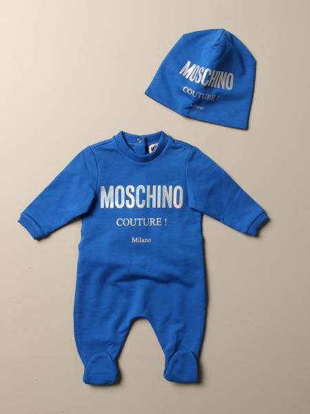 Moschino Baby Outlet: footed romper + hat with laminated logo - Blue ...