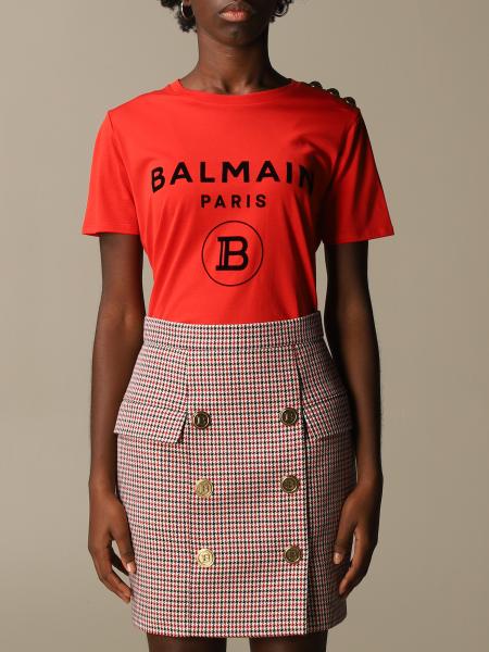 BALMAIN: T-shirt with logo and buttons - Red | Balmain t-shirt ...