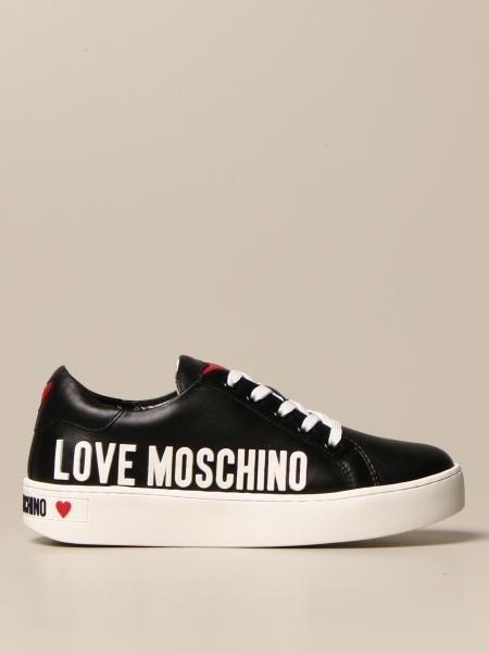 LOVE MOSCHINO: sneakers in leather with logo - Black | Love Moschino ...