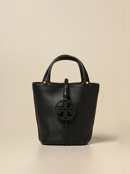 TORY BURCH: mini bucket bag in leather with emblem - Black