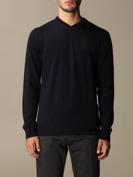 EMPORIO ARMANI: v-neck sweater with logo - Blue | Emporio Armani ...