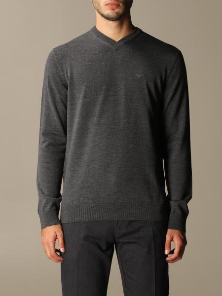 EMPORIO ARMANI: v-neck sweater with logo - Grey | Emporio Armani ...