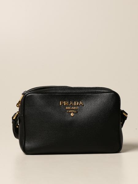PRADA: camera bag in grained leather - Black | Prada crossbody bags 1BH082  2BBE online on 