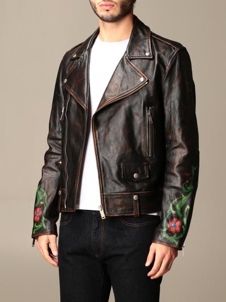 GOLDEN GOOSE: leather jacket with floral pattern - Black | Jacket ...