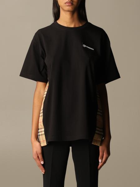 BURBERRY: cotton T-shirt with check details - Black | Burberry t-shirt ...