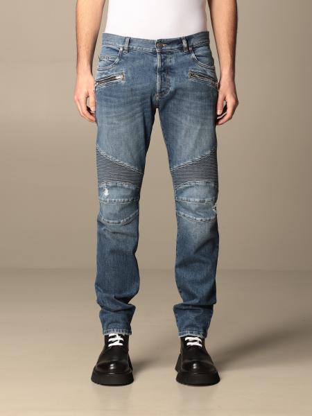 BALMAIN: in used denim with logo - Blue | Balmain jeans VH1MH005031D GIGLIO.COM