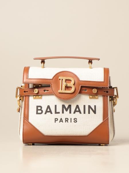 BALMAIN: B-Buzz handbag in canvas and leather with monogram - Natural ...