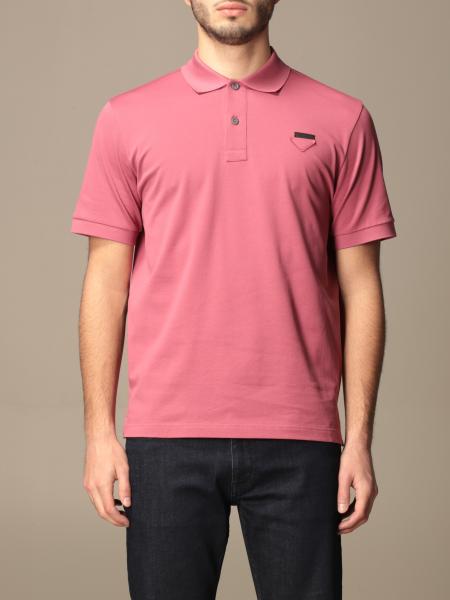 PRADA: cotton polo shirt with triangular logo - Pink | Prada polo shirt