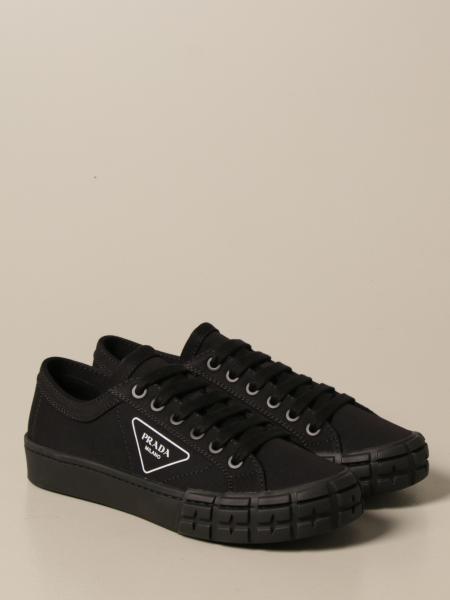 PRADA: sneakers in canvas with triangular logo - Black | Prada 