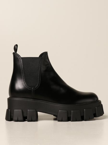 PRADA: Monolith ankle boot in brushed leather - Black | Prada flat ...