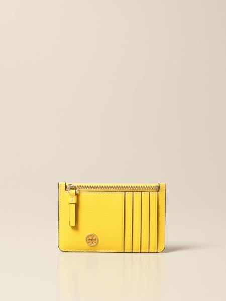 TORY BURCH: credit card holder in hammered leather with logo and zip -  Yellow | Tory Burch wallet 79031 online on 