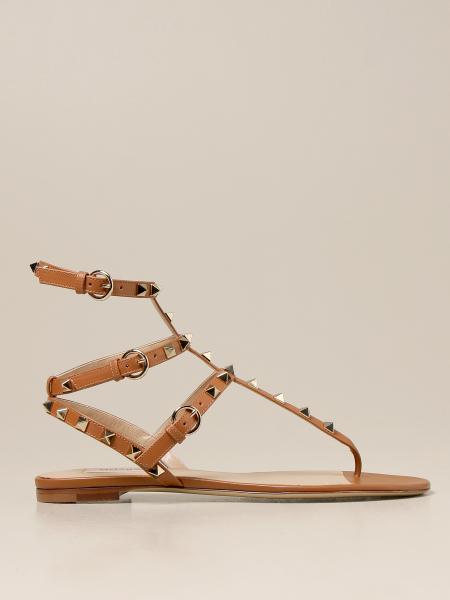 VALENTINO GARAVANI: Rockstud flat sandal in leather - Brown | Valentino ...