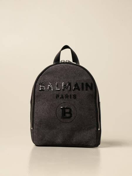 BALMAIN: backpack in cotton with sequin logo - Grey | Balmain