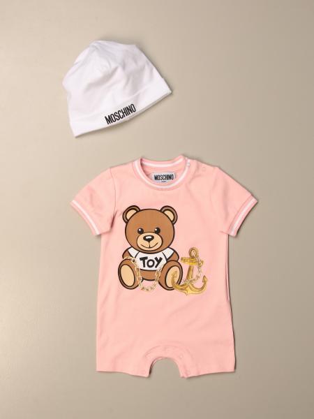 Moschino Baby onesie + hat set in cotton with logo