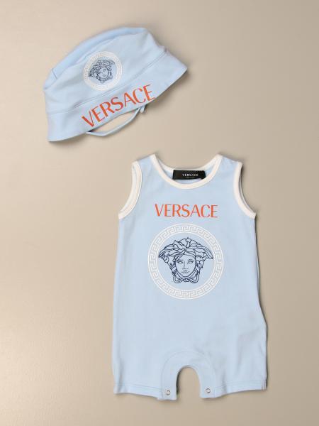 Versace Young short romper + cap set in cotton with logo