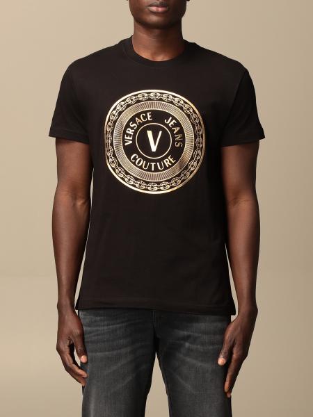 VERSACE JEANS COUTURE: T-shirt with laminated logo - Black | Versace ...