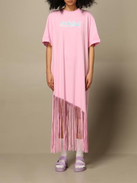 Msgm long t-shirt dress with fringes and logo