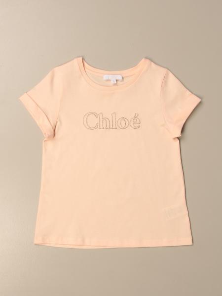 CHLOÉ: cotton T-shirt with logo - Blush Pink | Chloé t-shirt C15B84 online on GIGLIO.COM