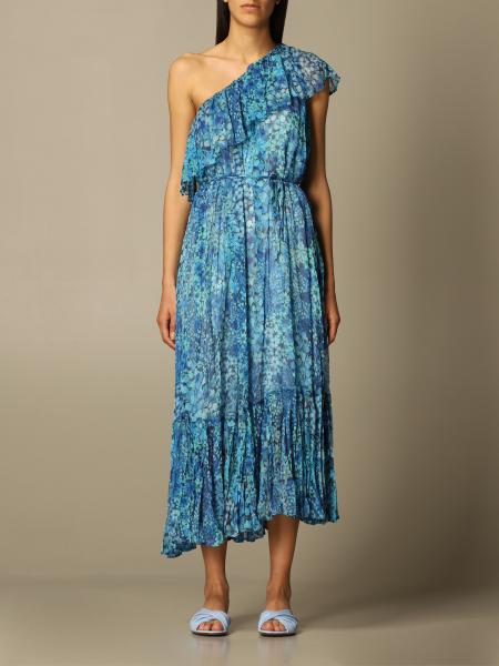 TWINSET: Twin-set one-shoulder dress in floral creponne - Gnawed Blue