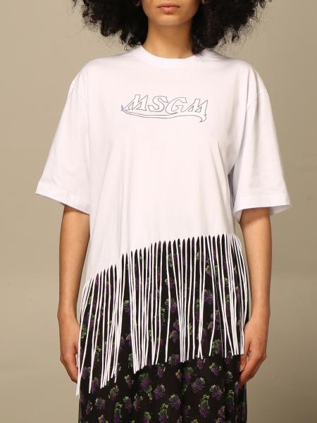 Msgm asymmetric t-shirt in cotton with fringes