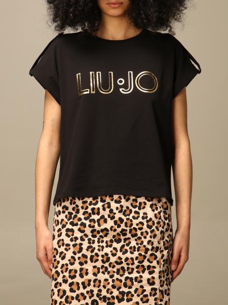 LIU JO: cotton T-shirt with laminated logo - Black | Liu Jo t-shirt ...