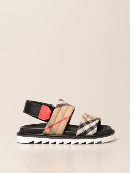 BURBERRY: sandals in check fabric and leather - Beige | Burberry shoes  8037064 online on 