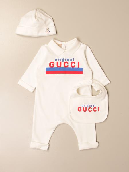 Gucci baby clothing: Gucci jumpsuit + bib + hat set with Original logo