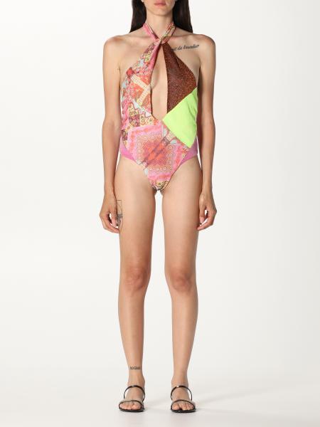F**K: F ** k one-piece swimsuit with a mix of patterns