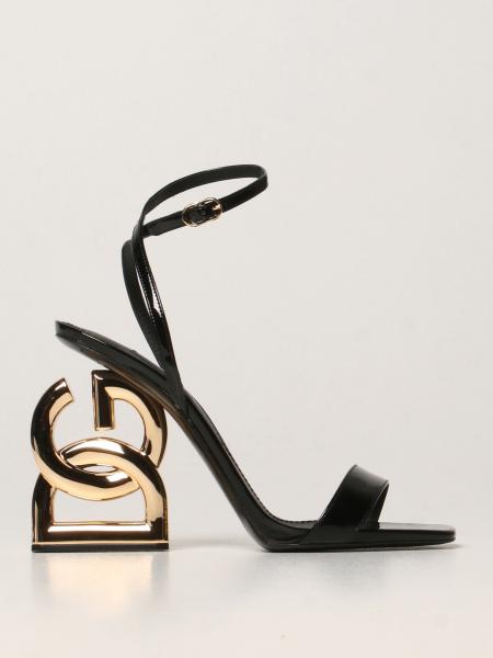 Dolce And Gabbana Patent Leather Sandals With Dg Heel Black Heeled