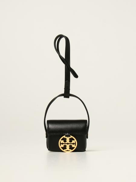 TORY BURCH: leather airpods holder with emblem - Black | Tory Burch