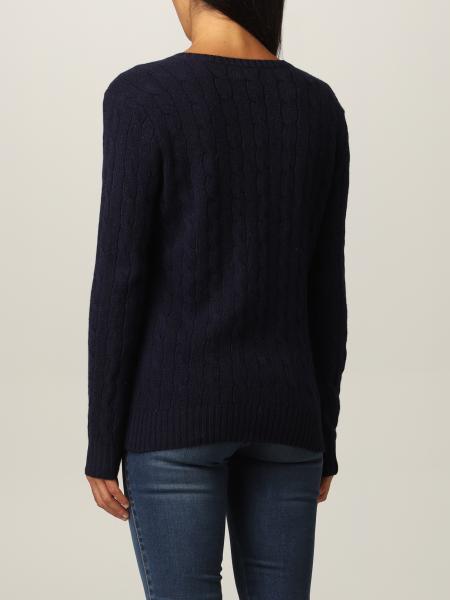 POLO RALPH LAUREN: v-neck sweater in cable-knit wool - Blue 