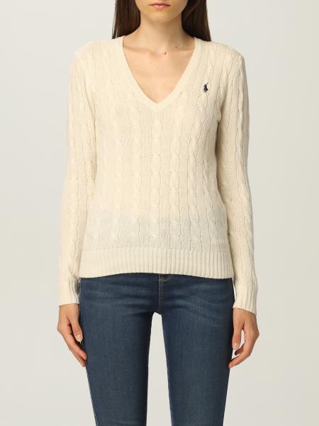 POLO RALPH LAUREN: v-neck sweater in cable-knit wool - Cream | Polo Ralph  Lauren sweater 211508656 online on 
