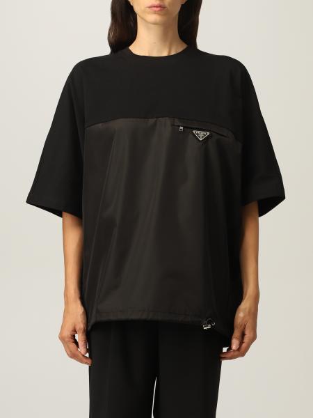 PRADA: cotton and nylon t-shirt with logo - Black | Prada t-shirt ...