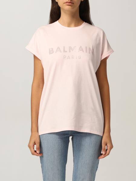 Balmain women: Balmain cotton T-shirt with rhinestone logo