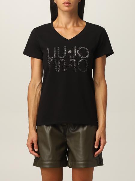 LIU JO: cotton t-shirt with rhinestone logo - Black | Liu Jo t-shirt ...