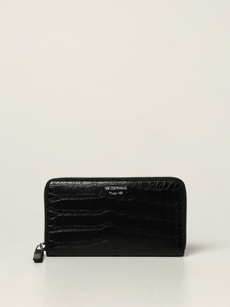 Leather coin-pocket wallet with all-over embossed eagle | EMPORIO ARMANI Man