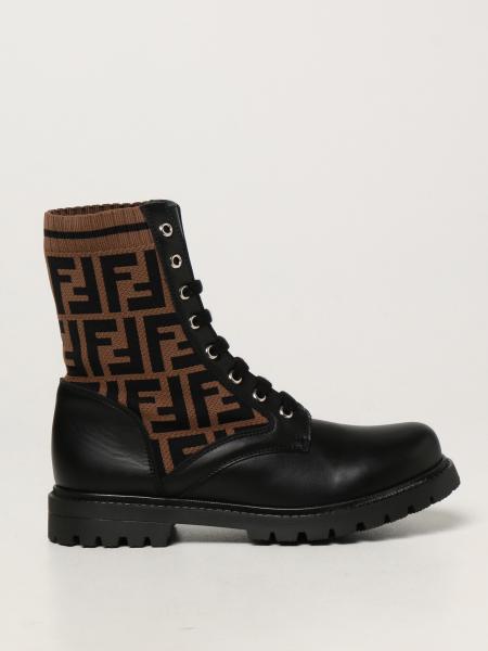 Fendi kids: Fendi ankle boots in leather and FF knit