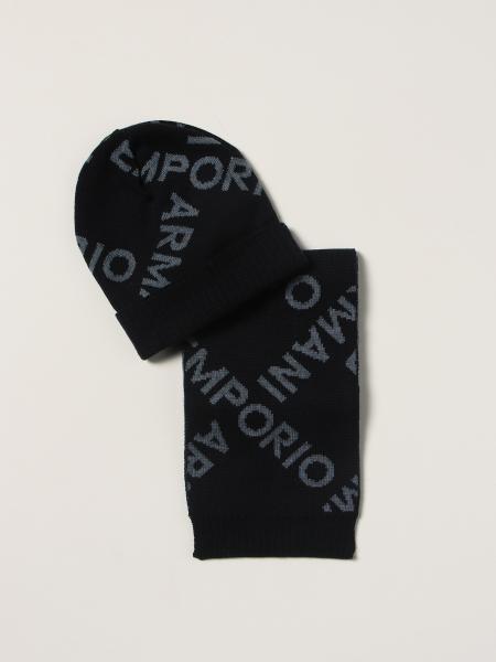 Emporio Armani bambino: Set cappello + sciarpa Emporio Armani in lana vergine con logo all over