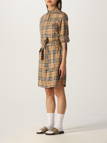 BURBERRY: stretch cotton chemisier dress with check pattern - Beige ...