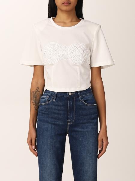 Self-Portrait: Self-portrait cotton T-shirt with lace embroidery