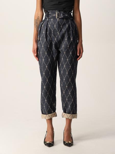 ELISABETTA FRANCHI: Pantalone a vita alta con logo all over - Blue | Pantalone  Elisabetta Franchi PA008 GIGLIO.COM