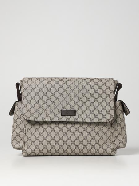GUCCI: GG diaper bag in leather and coated fabric - Beige