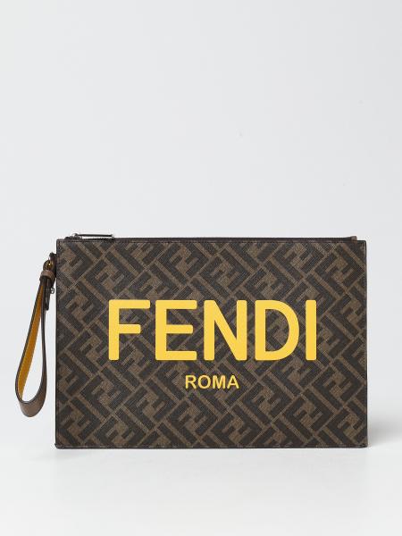 FENDI FF clutch in embossed fabric with coated monogram Brown