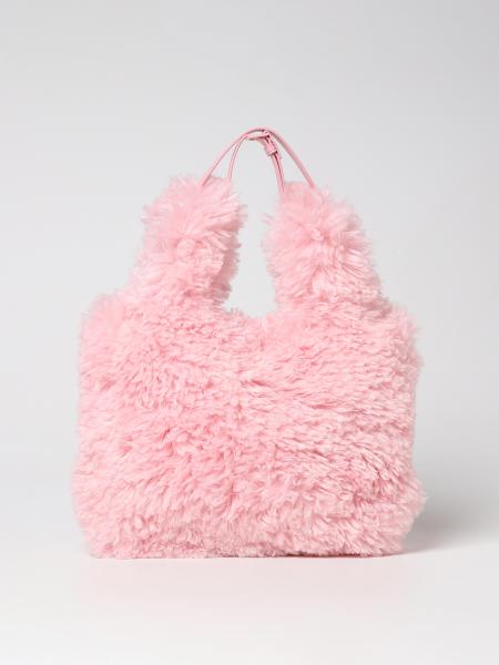 Borsa hobo in faux fur con logo Bambina, Bianco