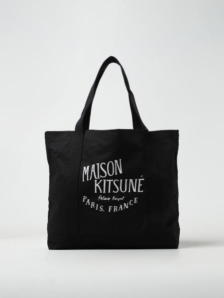 MAISON KITSUNÉ: bag in canvas with printed logo - Black | Maison ...