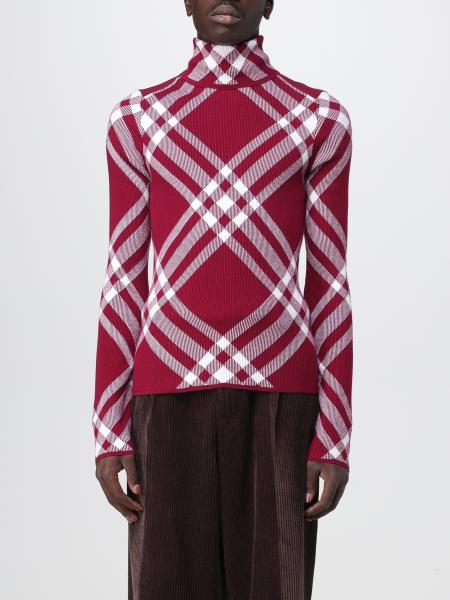 Burberry: Sweater In Check Wool Blend - Burgundy 