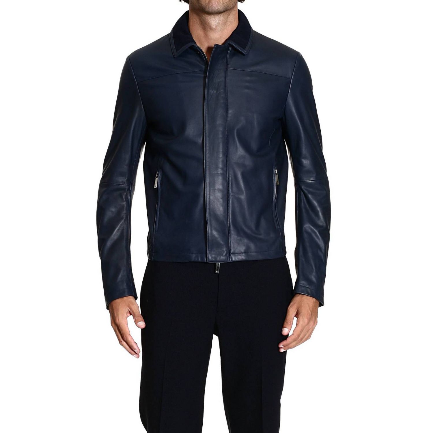 LEATHER JACKET WITH KNITTED DETAILS | Jacket Emporio Armani Men Blue ...